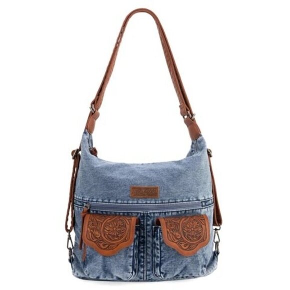 Convertible hobo, backpack, crossbody made of denim jean and PU leather - Picture 2 of 10